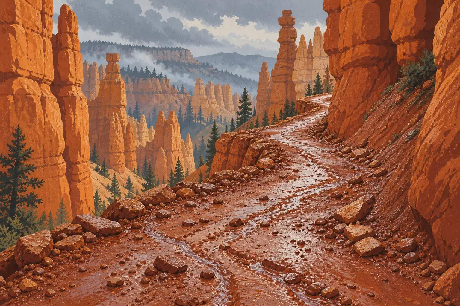 Sentier boueux et ruisselant serpentant entre les hoodoos orangés de Bryce Canyon, sous un ciel chargé