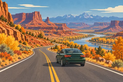 Une voiture verte roule sur une route sinueuse entre falaises rouges, arbres d’automne, rivière et montagnes enneigées