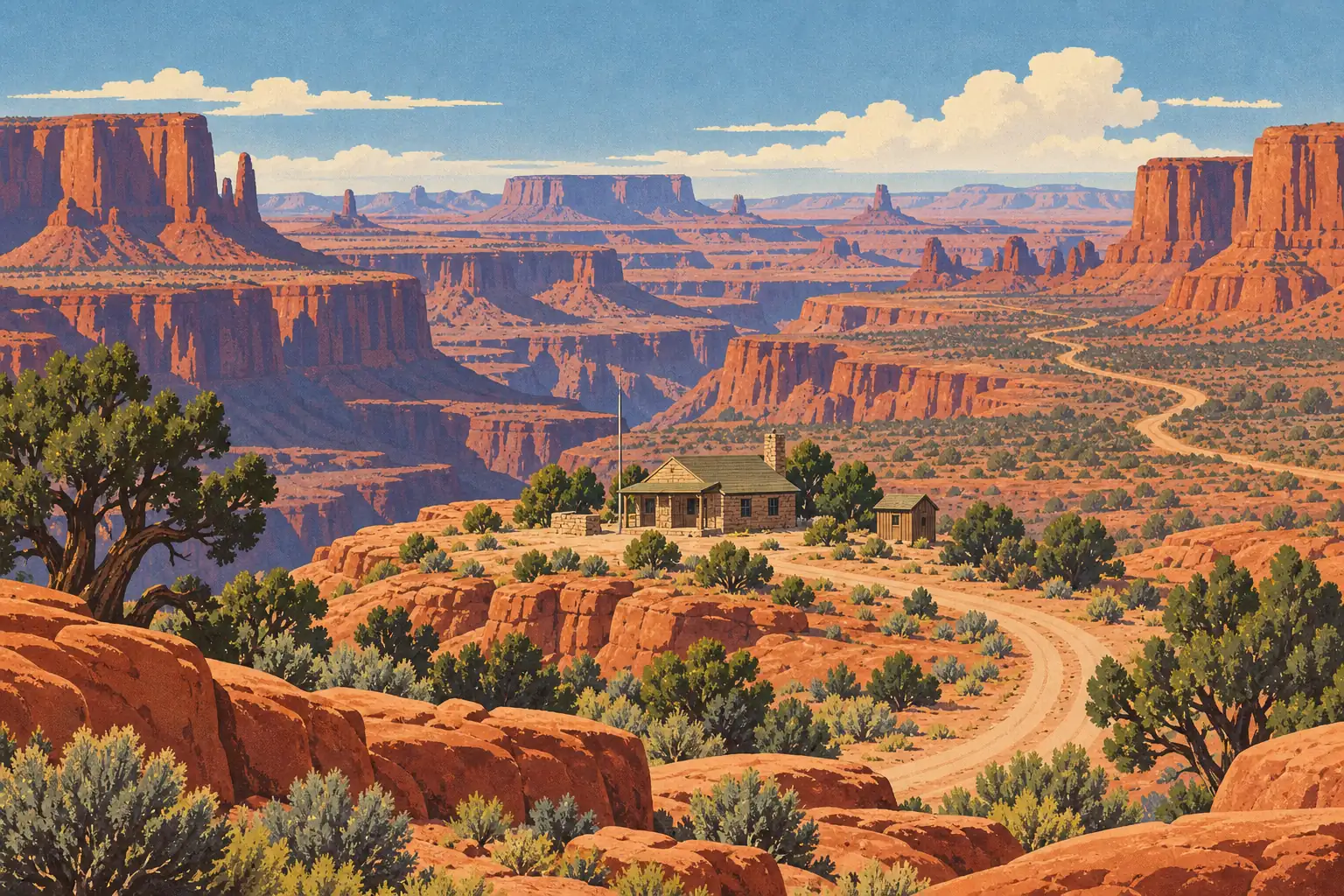 Un poste isolé et une dépendance surplombent un vaste canyon rouge, traversé par une piste sinueuse entre mesas et genévriers