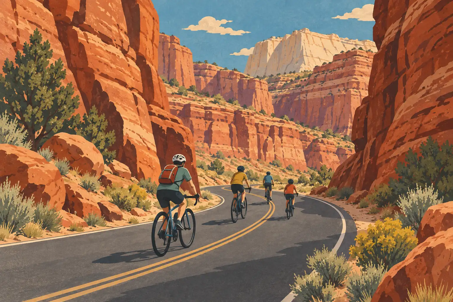 Quatre cyclistes roulent sur une route sinueuse entre des falaises rouges, face à de hautes parois claires sous un ciel bleu