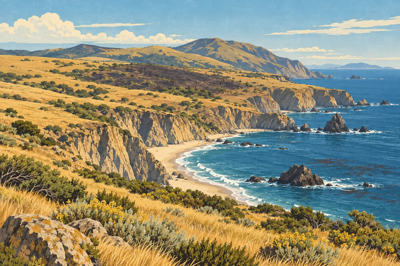 Falaises dorées et plages sauvages bordent un océan bleu, avec collines sèches, végétation basse et zone brûlée