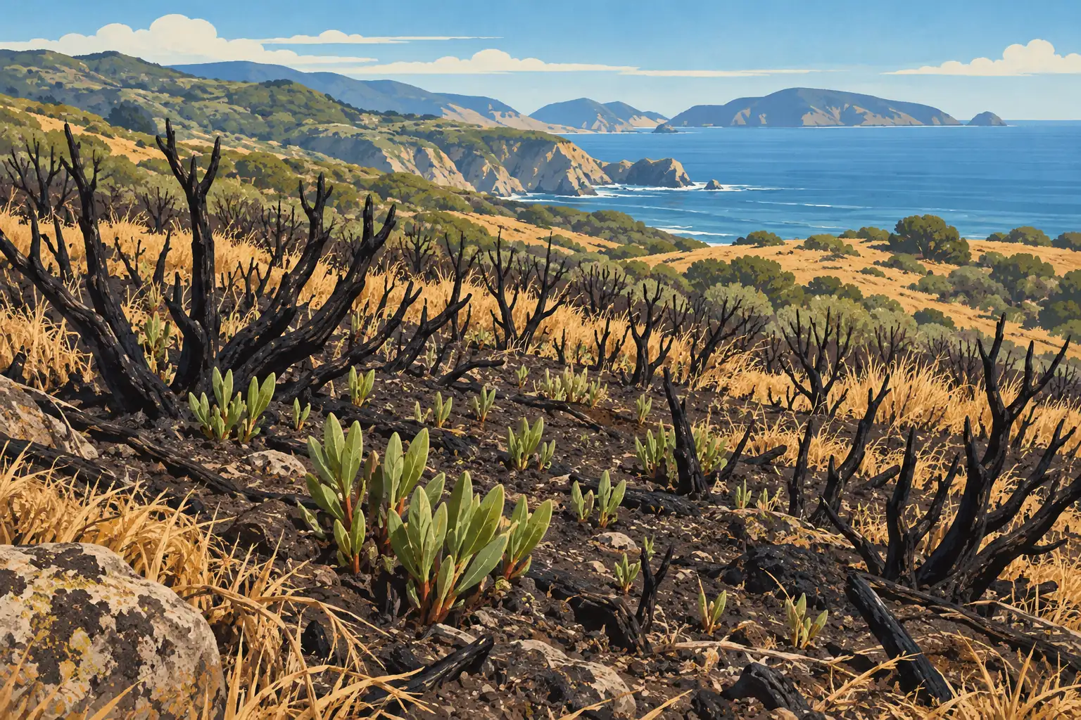 Jeunes pousses vertes parmi des arbustes calcinés sur une colline côtière, avec falaises, océan et îles au loin
