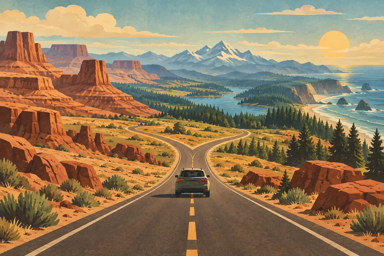 A car approaches a forked road amid red canyons, forests, lakes, snowy mountains and a sunlit ocean coast