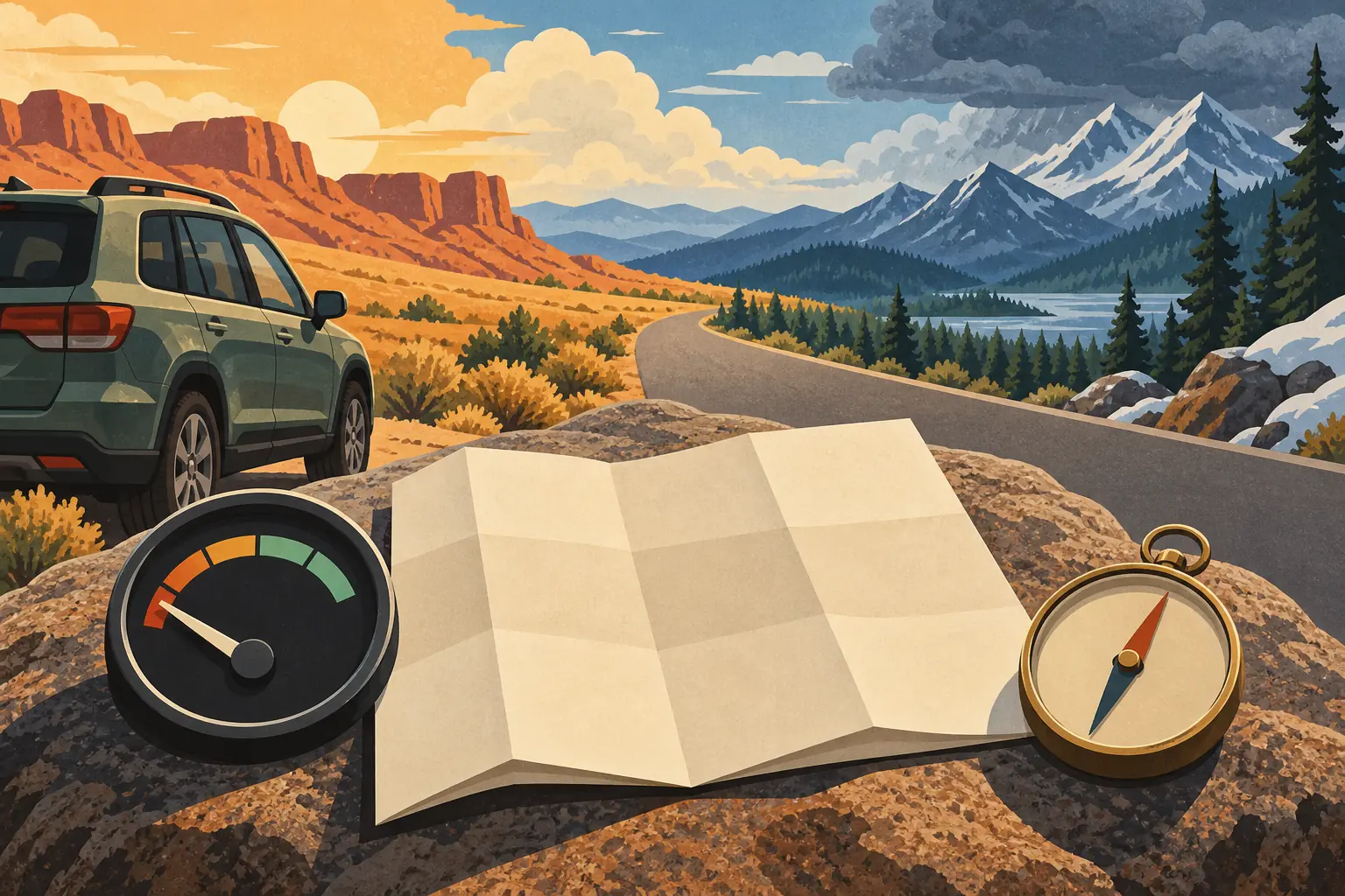 A parked SUV beside a road between desert cliffs and snowy mountains, with a map, compass and gauge on a rock