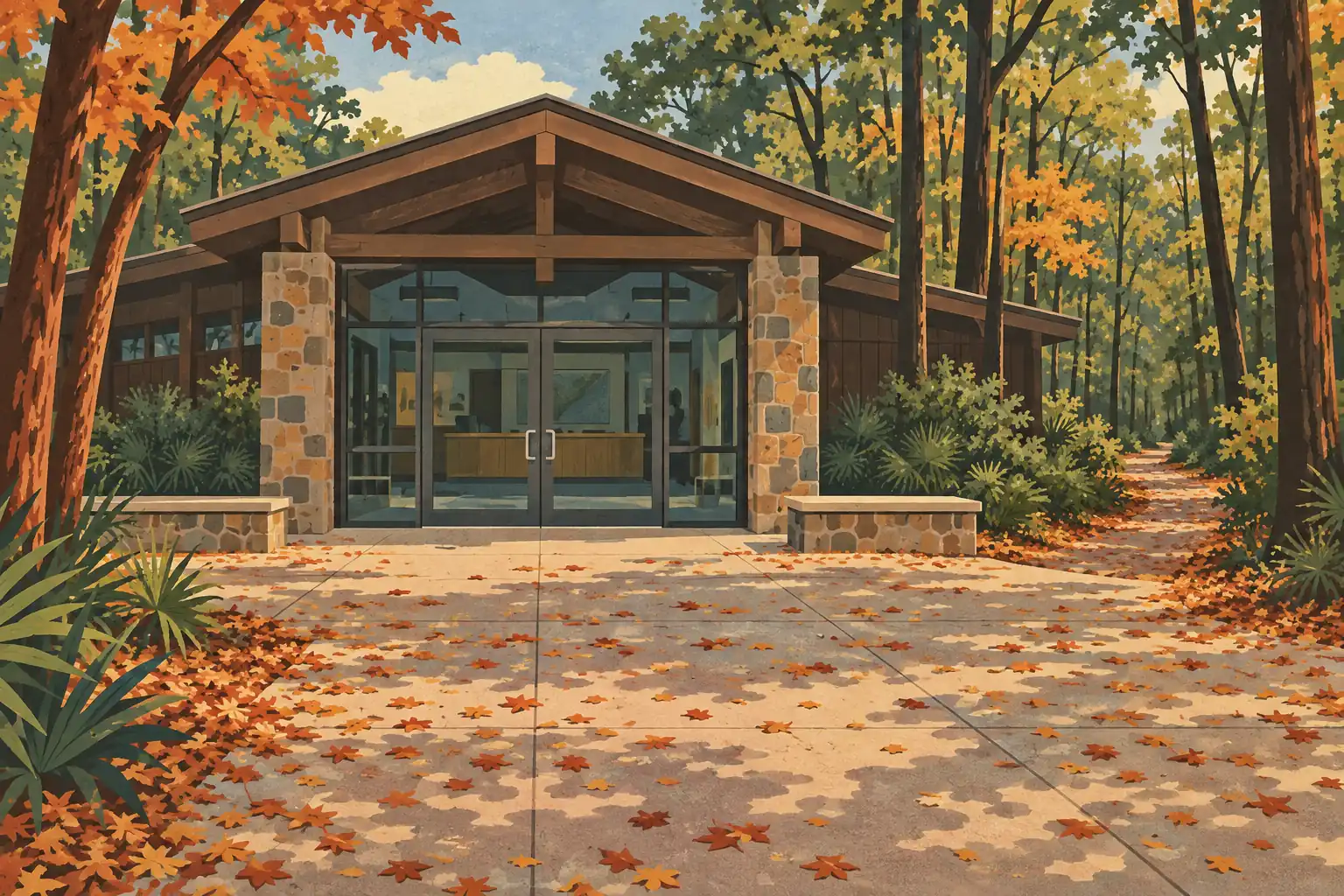 Entrée vitrée d’un centre d’accueil en pierre et bois, entourée d’une forêt automnale et d’un parvis couvert de feuilles