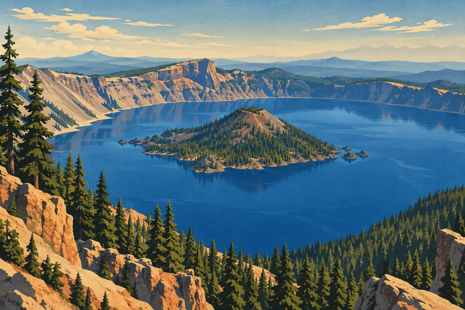 Vue sur le lac Crater bleu profond, l’île Wizard boisée, des falaises rocheuses et des pins au premier plan