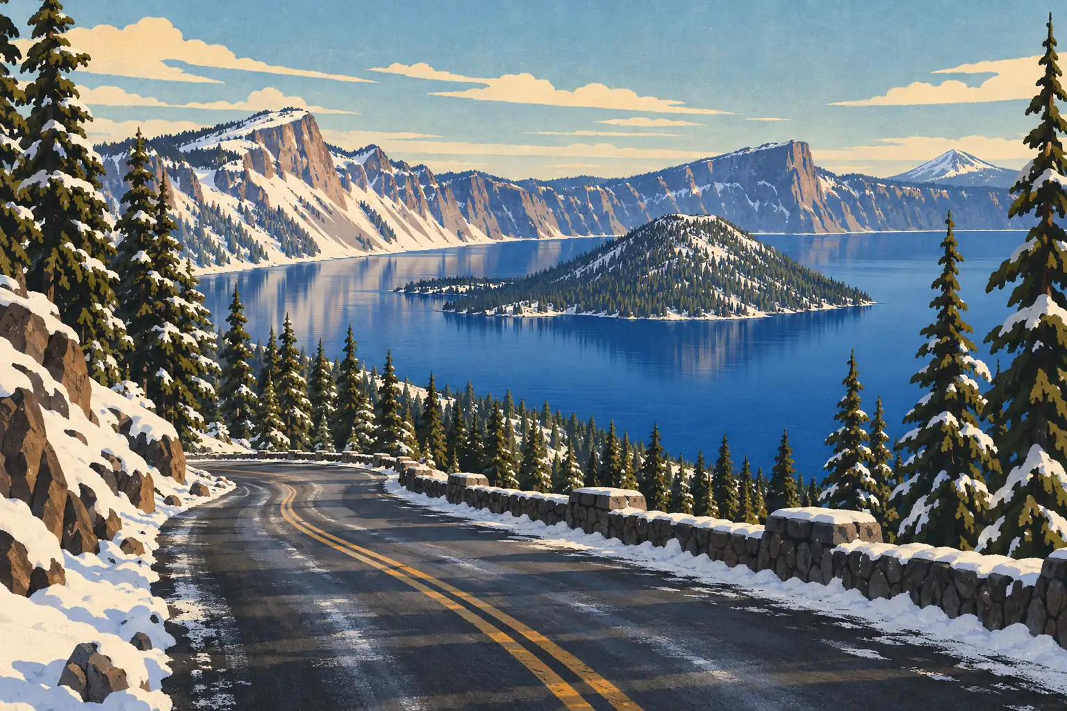 Route enneigée longeant le lac bleu de Crater Lake, avec Wizard Island, falaises blanches et grands sapins