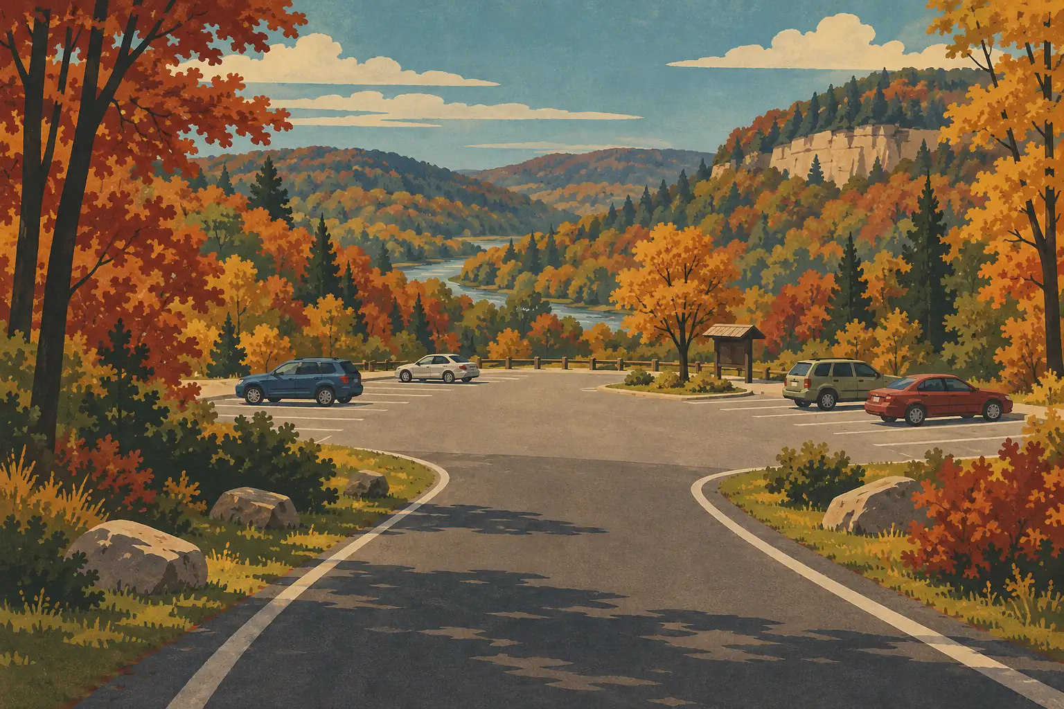 Parking panoramique entouré d’arbres aux couleurs d’automne, avec quatre voitures, une rivière et des falaises au loin