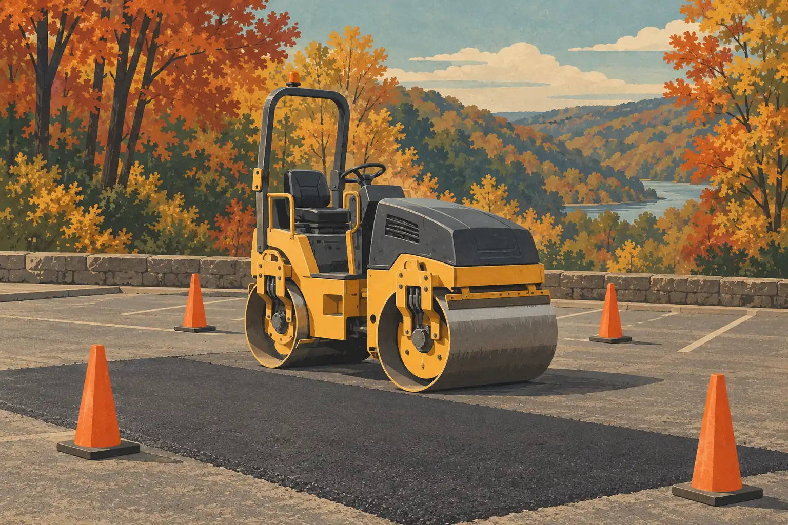 Un rouleau compresseur pose de l’asphalte dans un parking balisé par des cônes, devant une vallée boisée en automne