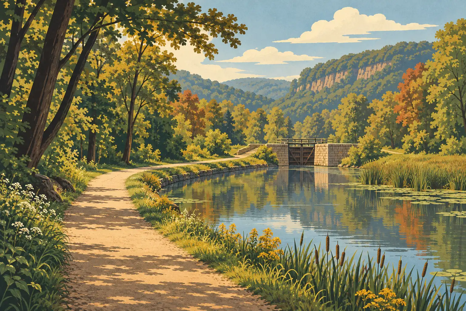 Un sentier longe un canal calme bordé de roseaux et d’arbres, avec une écluse en pierre et des collines boisées