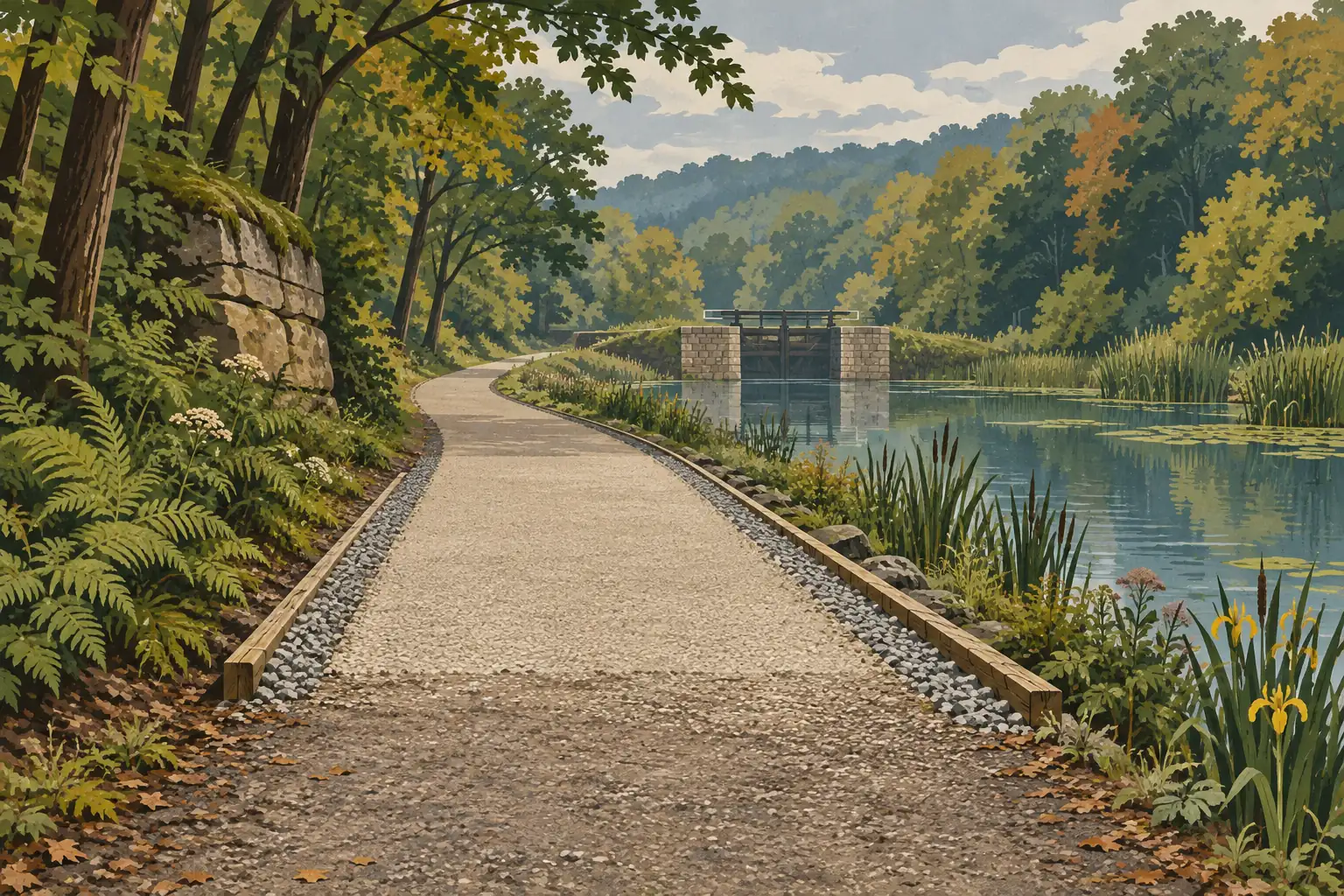Sentier de gravier longeant un canal calme, entre fougères et roseaux, avec une écluse au pied de collines boisées
