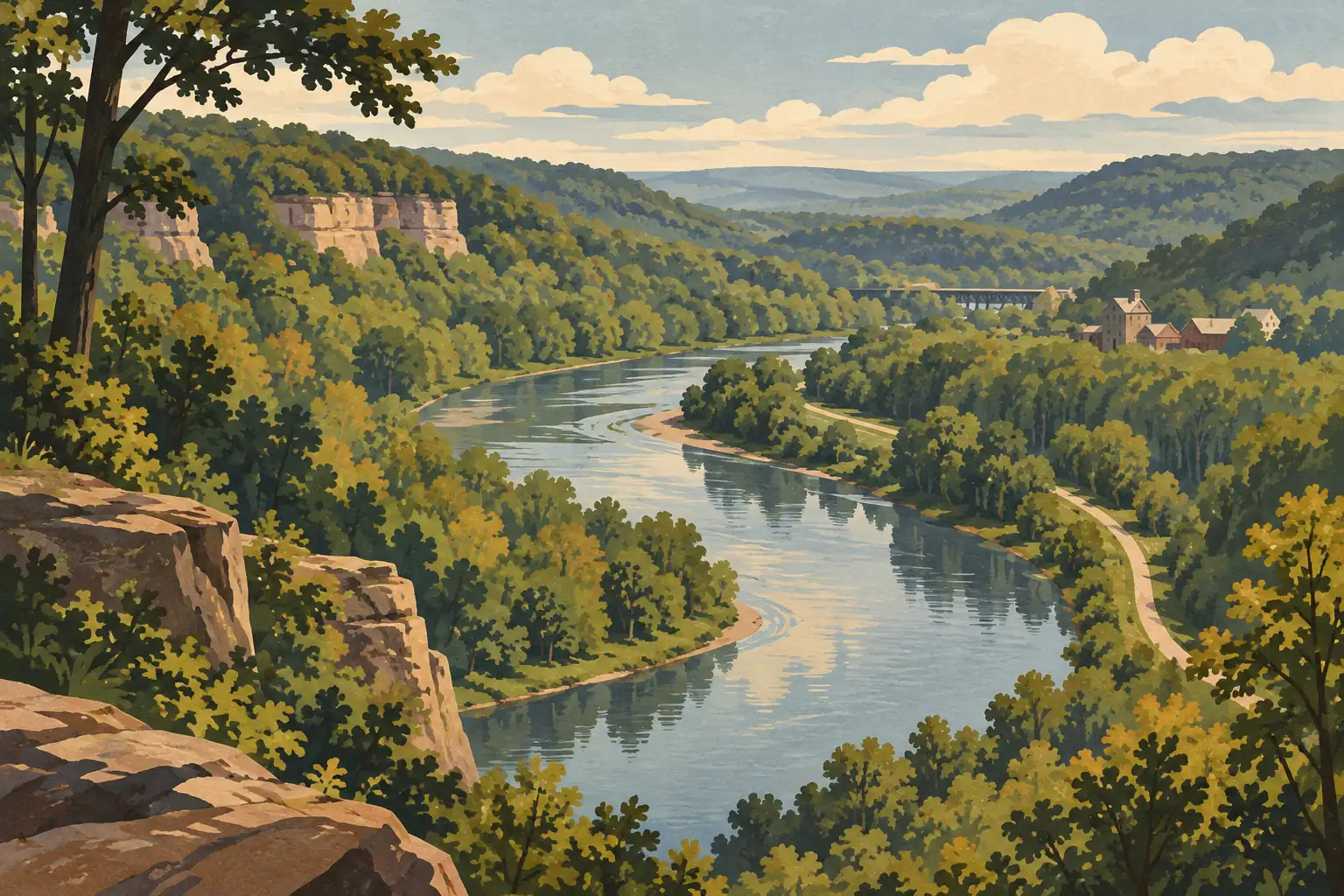 Une rivière sinueuse traverse une vallée boisée, entre falaises rocheuses, collines, pont et bâtiments lointains