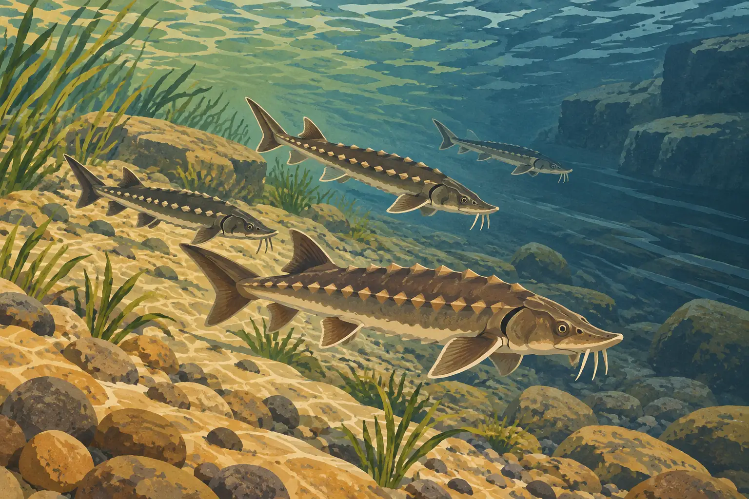 Quatre esturgeons nagent au-dessus d’un lit rocheux, parmi des plantes aquatiques, dans une rivière aux eaux bleu-vert