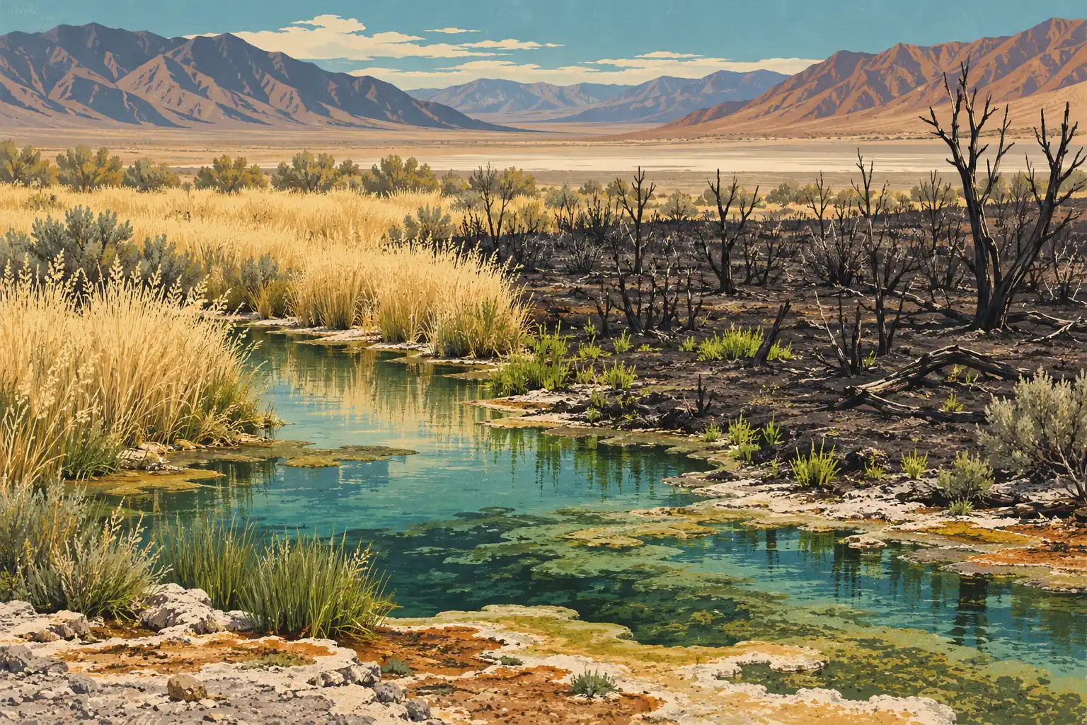 Source turquoise bordée de roseaux, entre prairie dorée et sol brûlé, avec des montagnes désertiques au loin