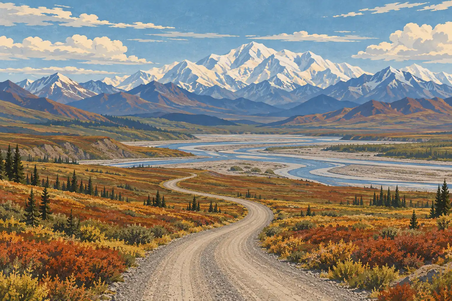 Route de gravier sinueuse traversant une toundra automnale, près d’une rivière en tresses et de montagnes enneigées