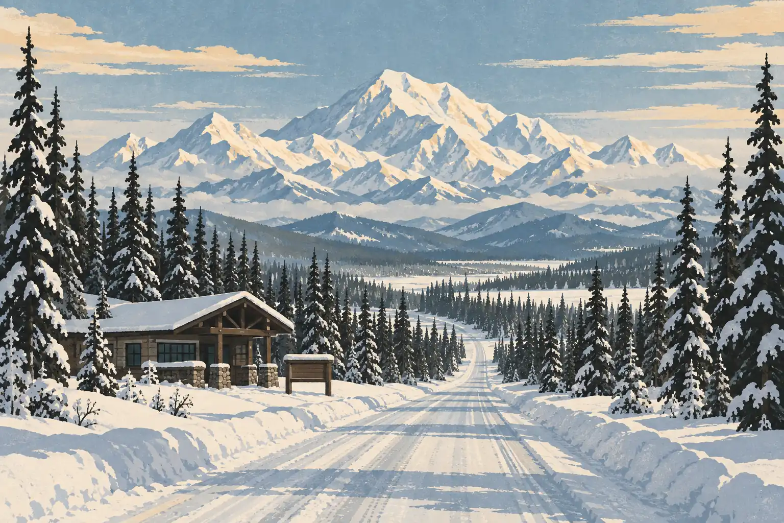 Route enneigée traversant une forêt de sapins, chalet à gauche et massif du Denali illuminé au loin
