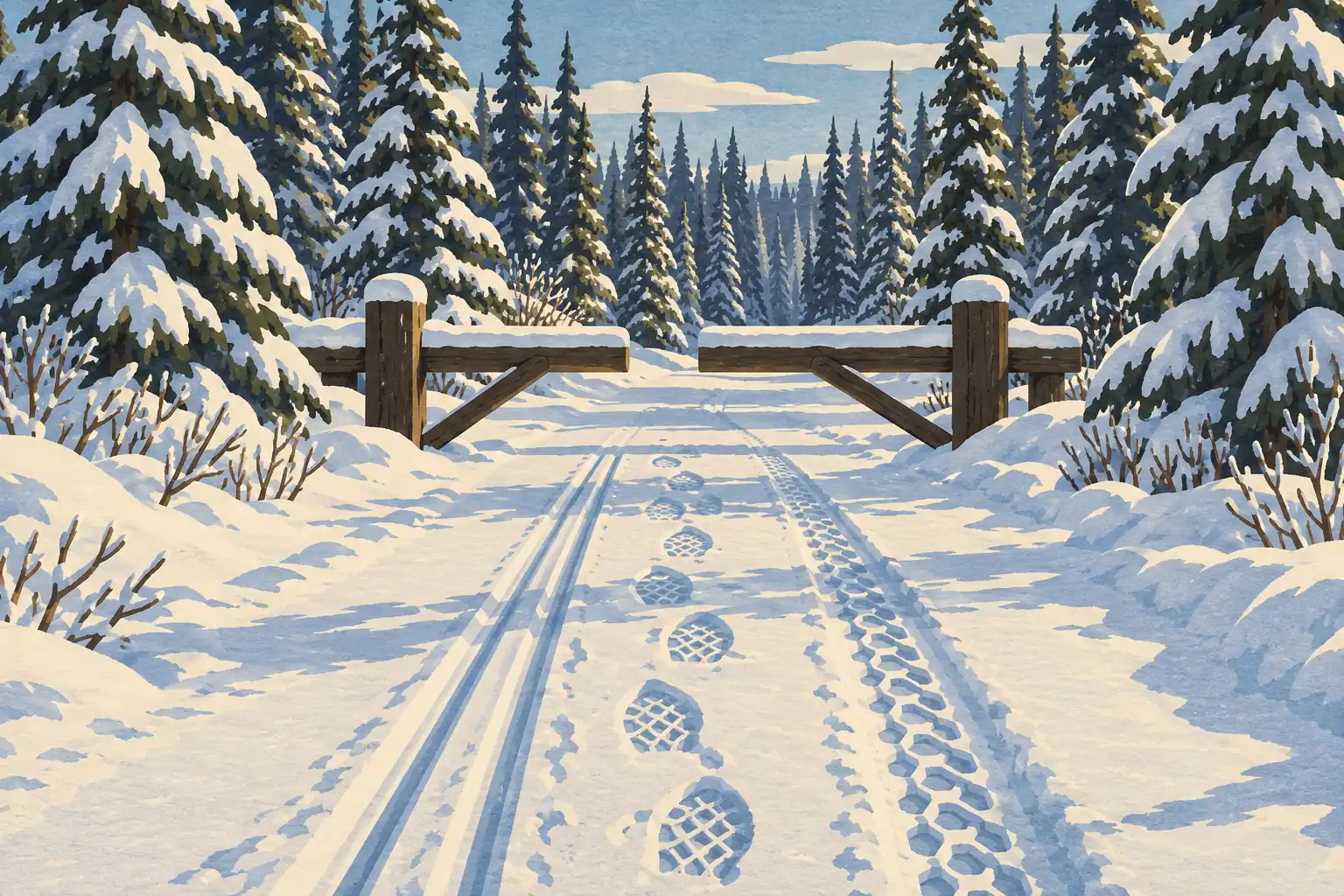 Un chemin enneigé marqué par des traces de pneus, de skis et de pas mène à une barrière en bois parmi de grands sapins