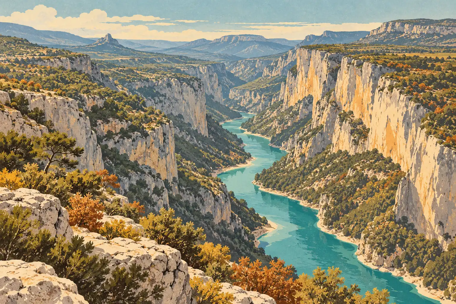 Une rivière turquoise serpente au fond d’un vaste canyon calcaire, entre falaises boisées et reliefs montagneux
