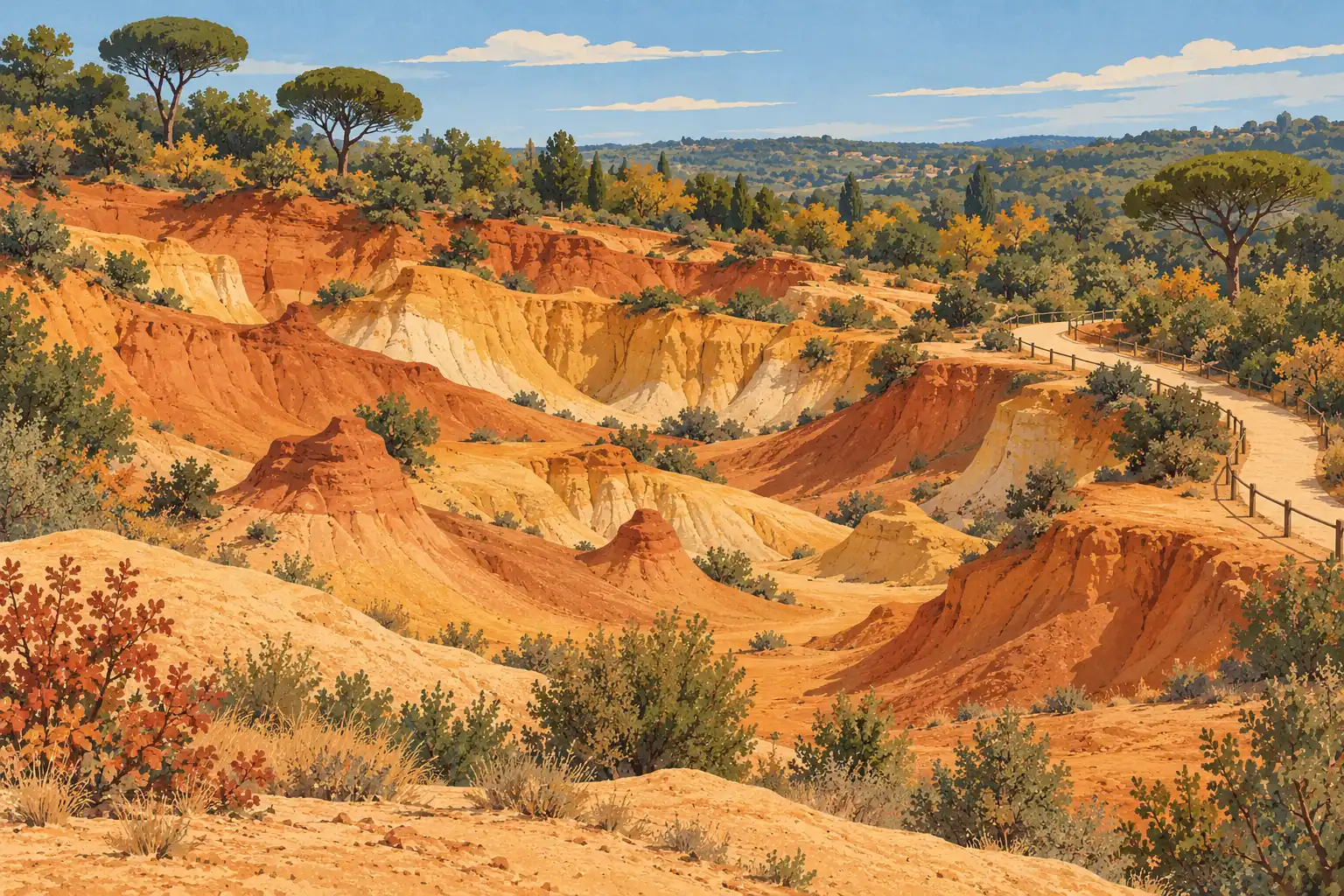 Falaises ocre et orangées couvertes d’arbustes, avec un sentier clôturé, des pins, des collines et un ciel bleu nuageux