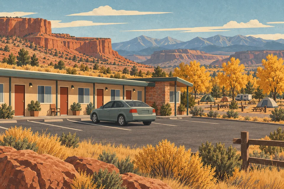 Motel de bord de route avec voiture garée, camping et caravanes parmi des arbres jaunes, devant des mesas et montagnes