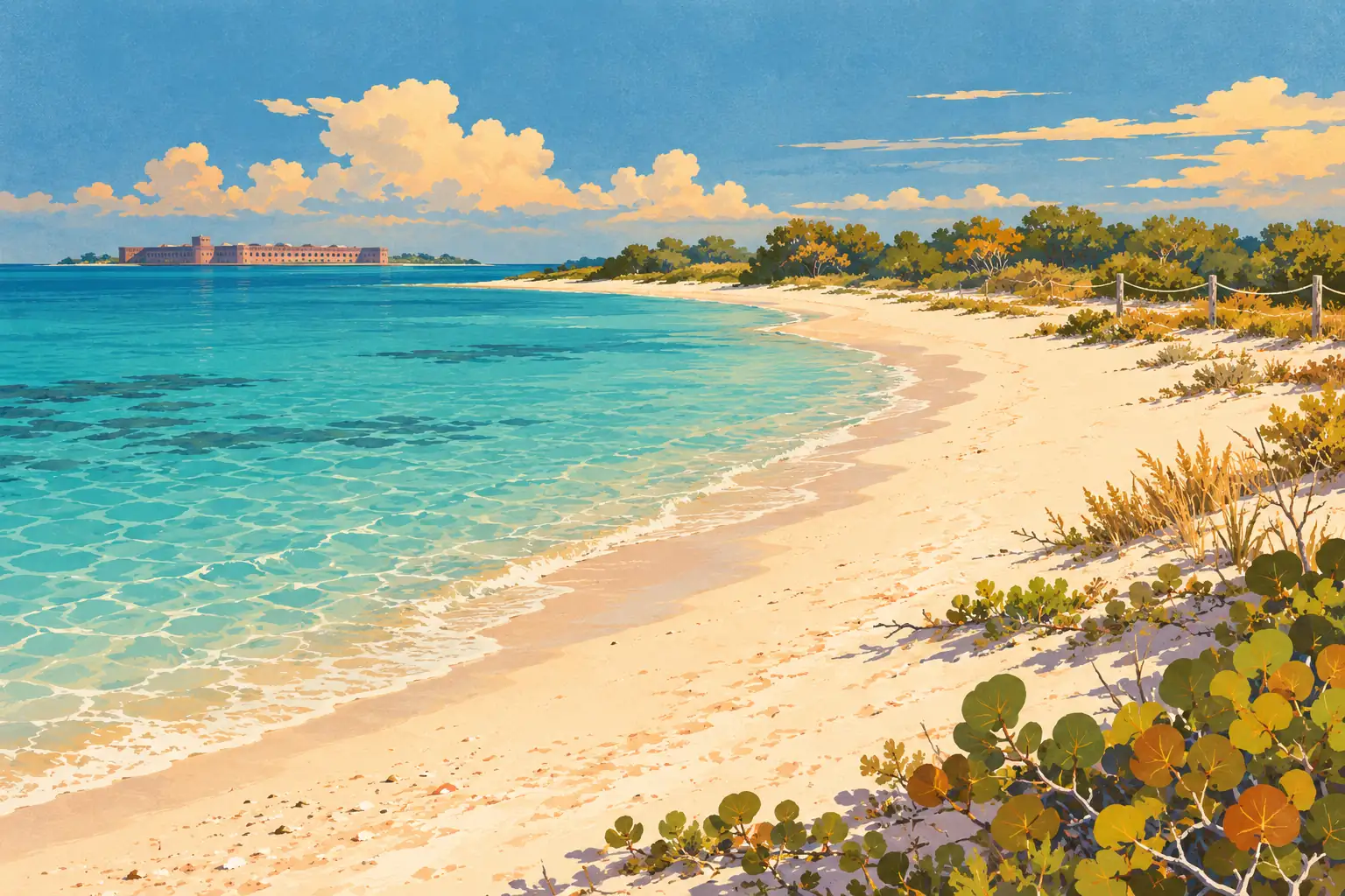 Plage de sable blanc bordée d’eau turquoise, végétation côtière au premier plan et fort sur une île à l’horizon