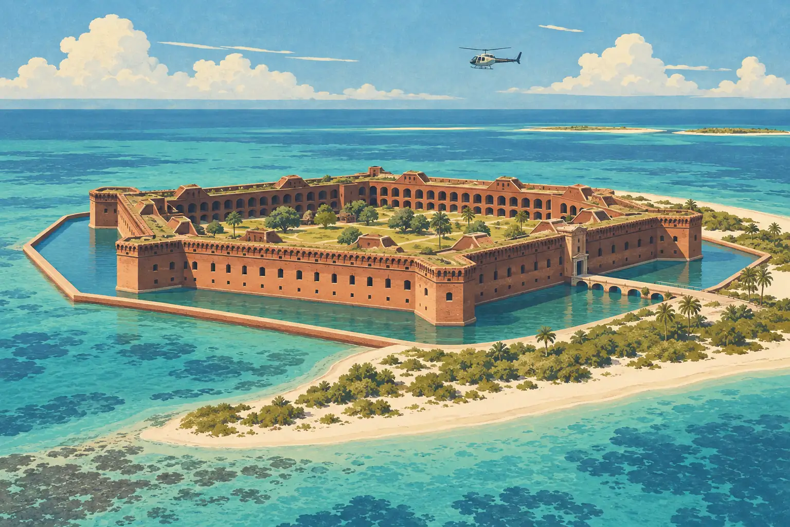Vue aérienne de Fort Jefferson entouré d’eau turquoise, avec plages, palmiers, nuages et un hélicoptère dans le ciel