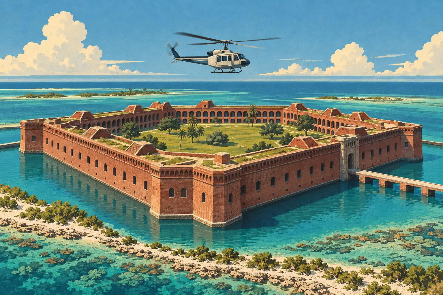 Un hélicoptère survole Fort Jefferson, vaste forteresse de briques entourée d’eaux turquoise et d’îlots