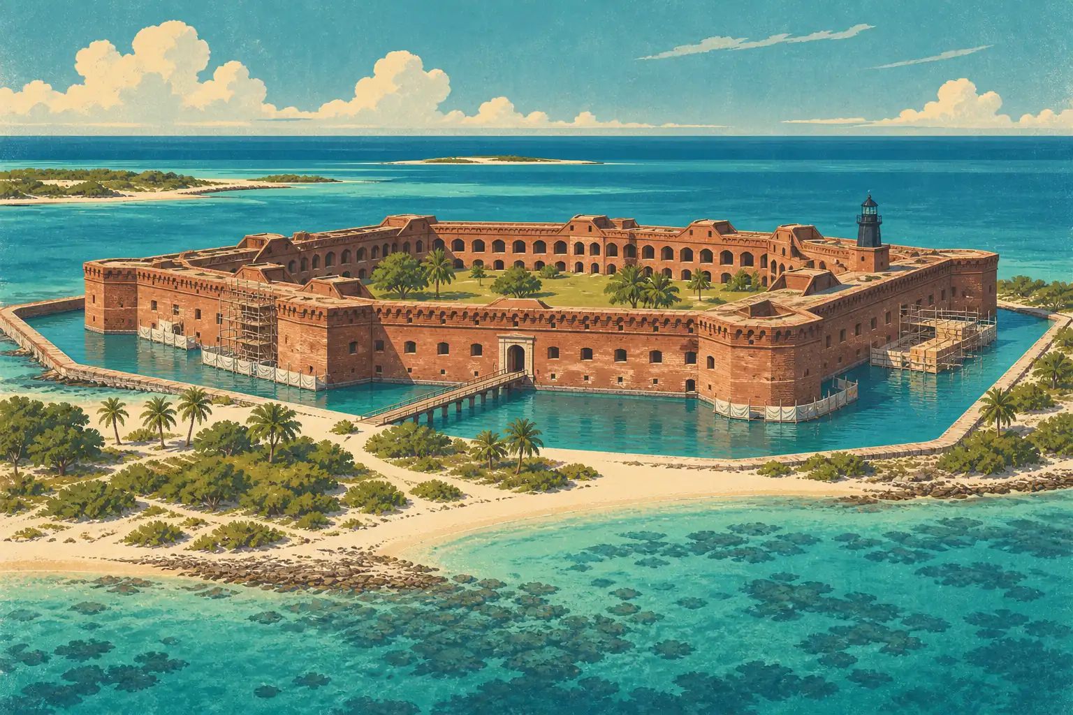 Fort Jefferson en briques entouré d’une douve turquoise, avec échafaudages, passerelle, palmiers et mer à l’horizon