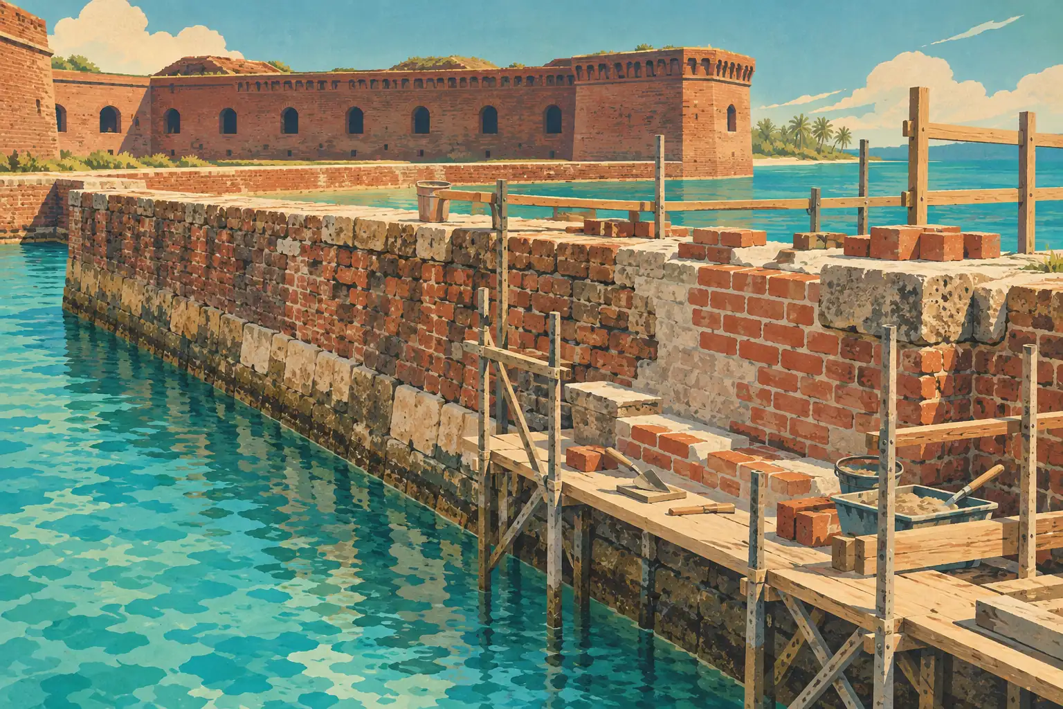 Mur de douve en briques en réparation, avec échafaudages en bois, devant Fort Jefferson et l’eau turquoise