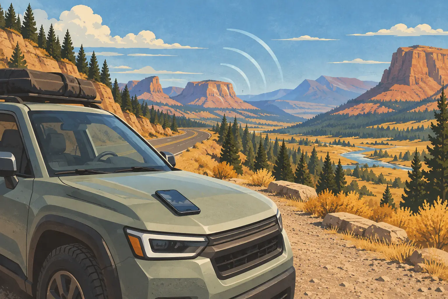 Un SUV chargé de bagages borde une route sinueuse, avec un téléphone sur le capot et des ondes devant les montagnes