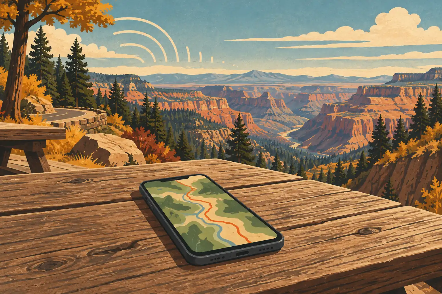 Smartphone affichant une carte posé sur une table en bois, face à un canyon, des pins et une route sous un ciel nuageux