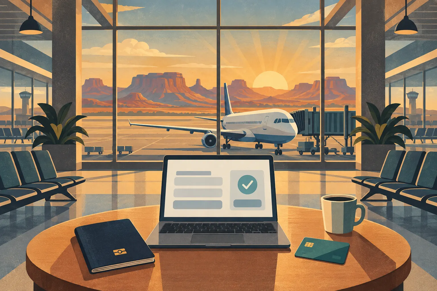 Ordinateur affichant une validation, passeport, carte et café sur une table d’aéroport face à un avion et au désert