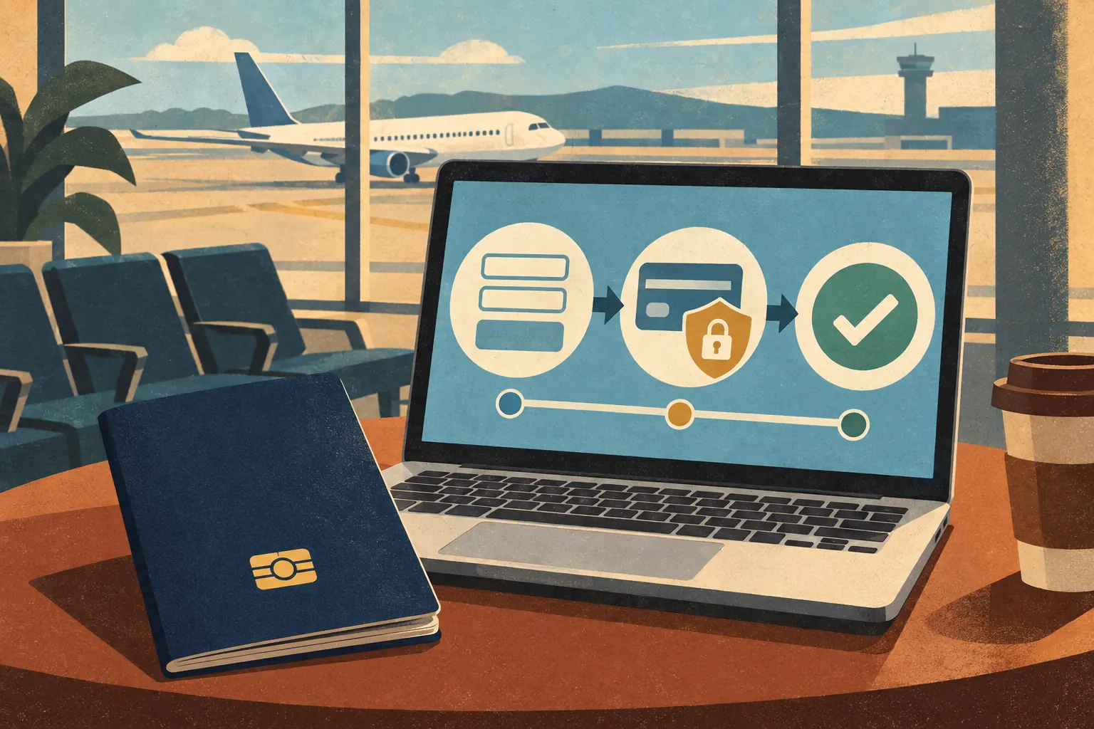 Dans un aéroport, un ordinateur affiche les étapes d’un formulaire, d’un paiement sécurisé et d’une validation, près d’un passeport