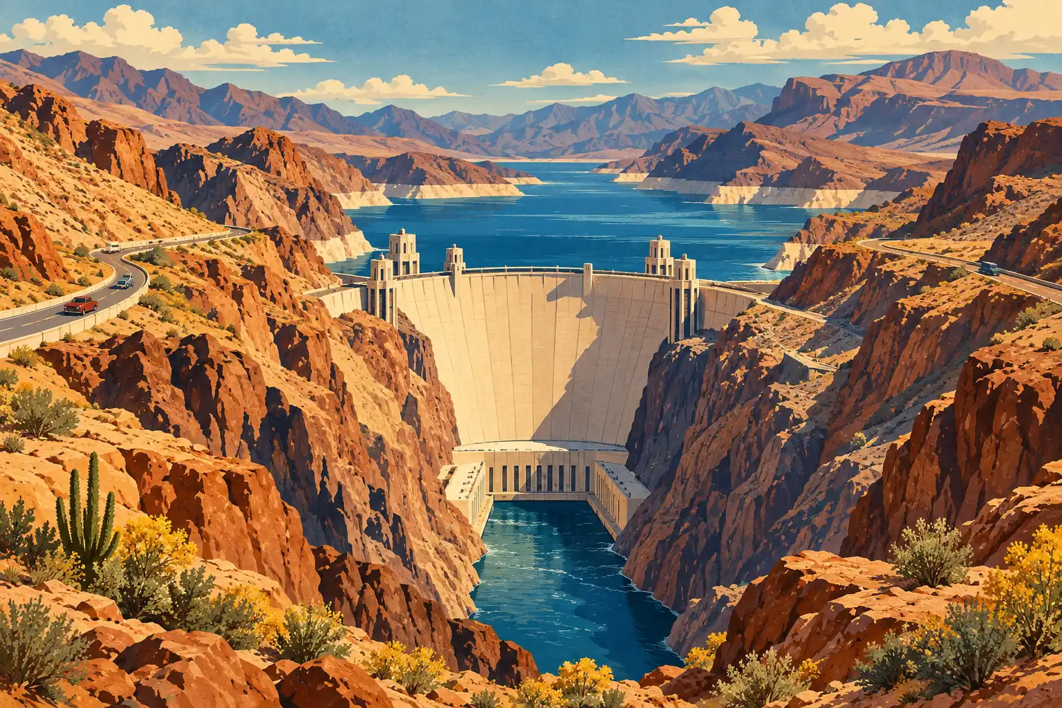 Der Hoover Dam zwischen Wüstenklippen, mit einem großen blauen Stausee, kurvigen Straßen und Bergen in der Ferne