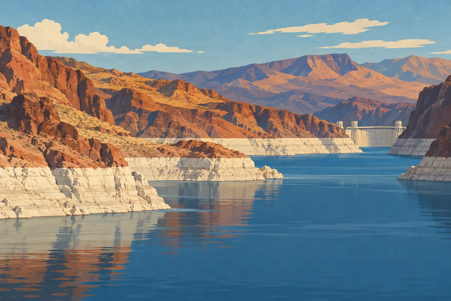 Der Lake Mead schlängelt sich zwischen Wüstenklippen und hellen Ufern, während der Hoover Dam in der Ferne liegt