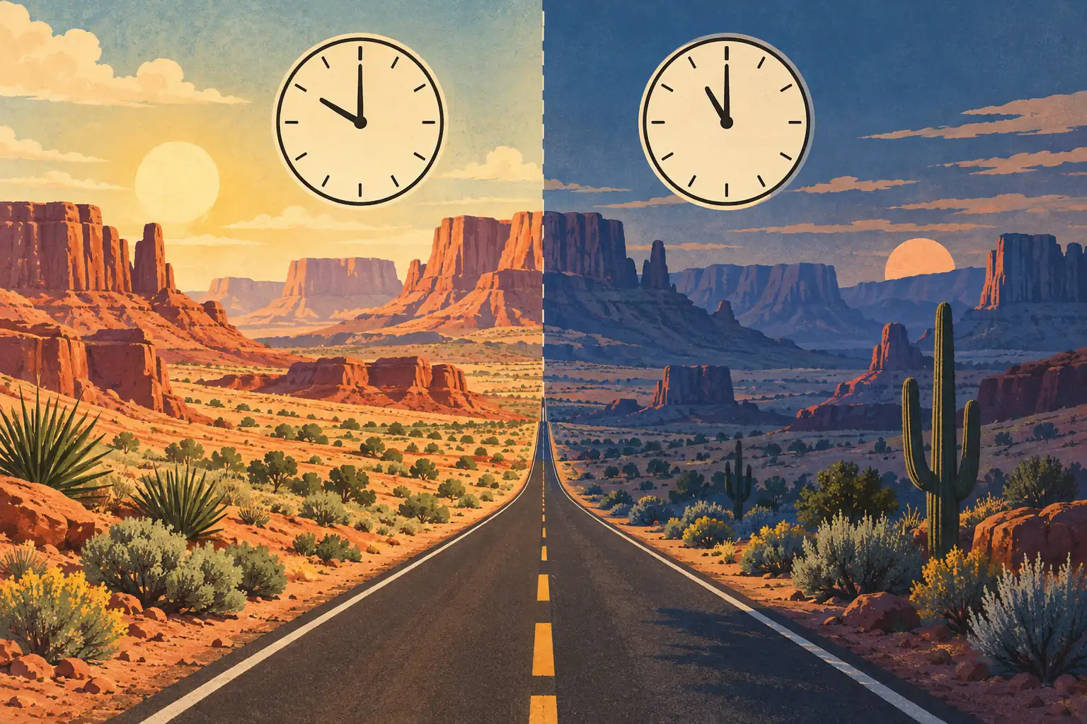 Route droite dans un désert de mesas, partagé entre le jour et la nuit, avec deux horloges indiquant 10 h et 11 h