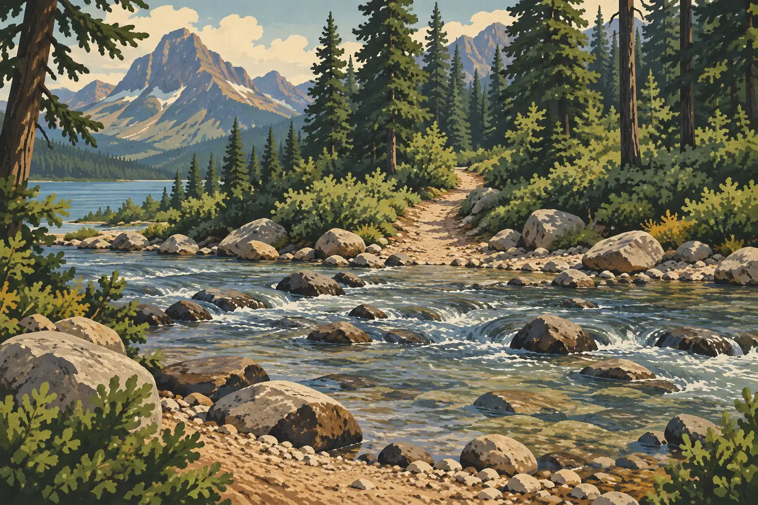 Sentier forestier longeant une rivière rocheuse, avec un lac, des sapins et de hauts sommets montagneux en arrière-plan