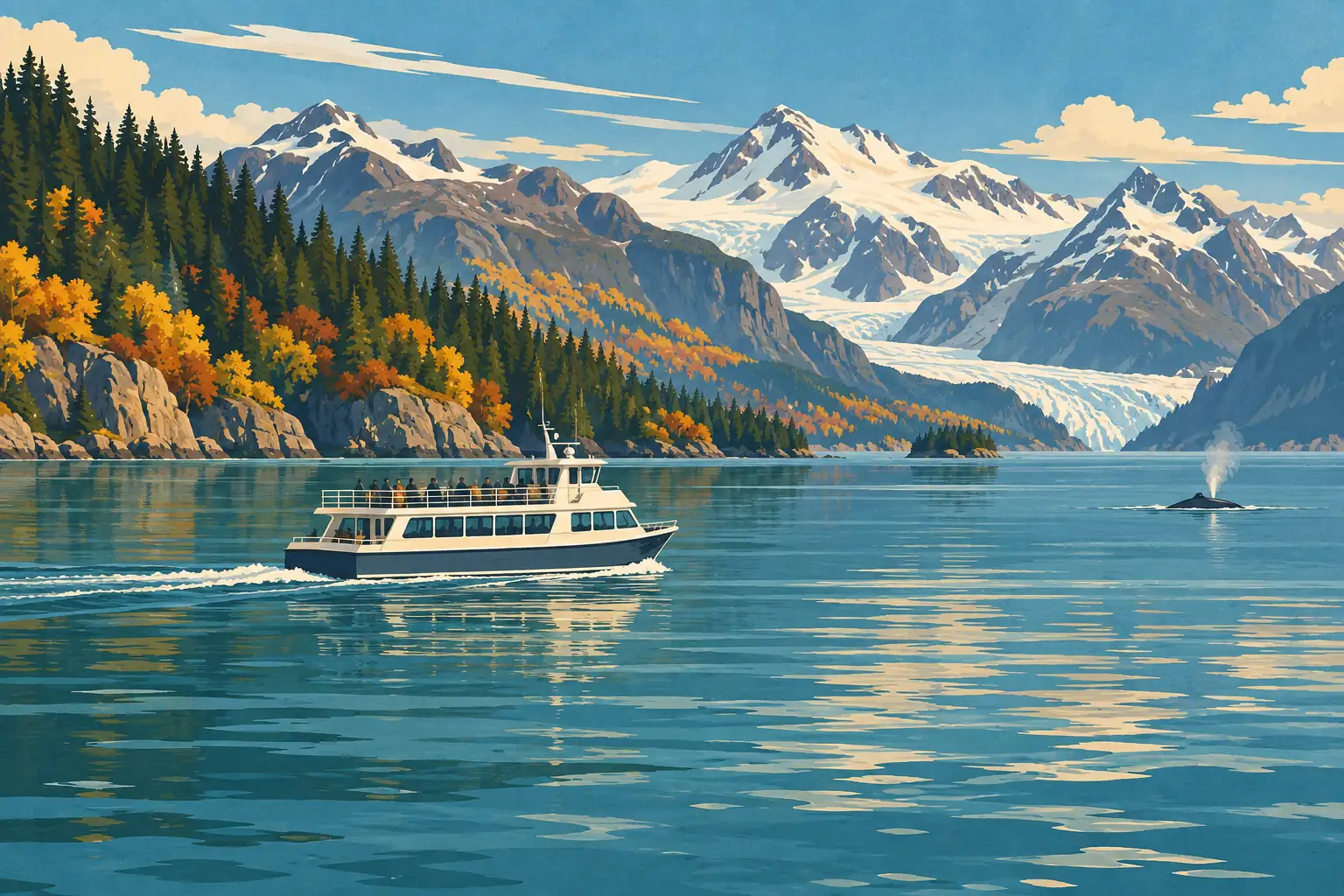 Un bateau de tourisme navigue sur une baie calme, devant une forêt automnale, des montagnes enneigées et une baleine