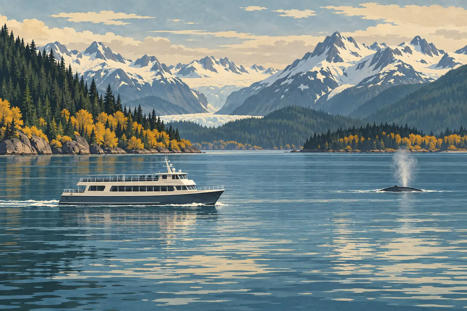 Un bateau navigue sur une baie calme près d’une baleine qui souffle, devant des forêts, des glaciers et des montagnes enneigées