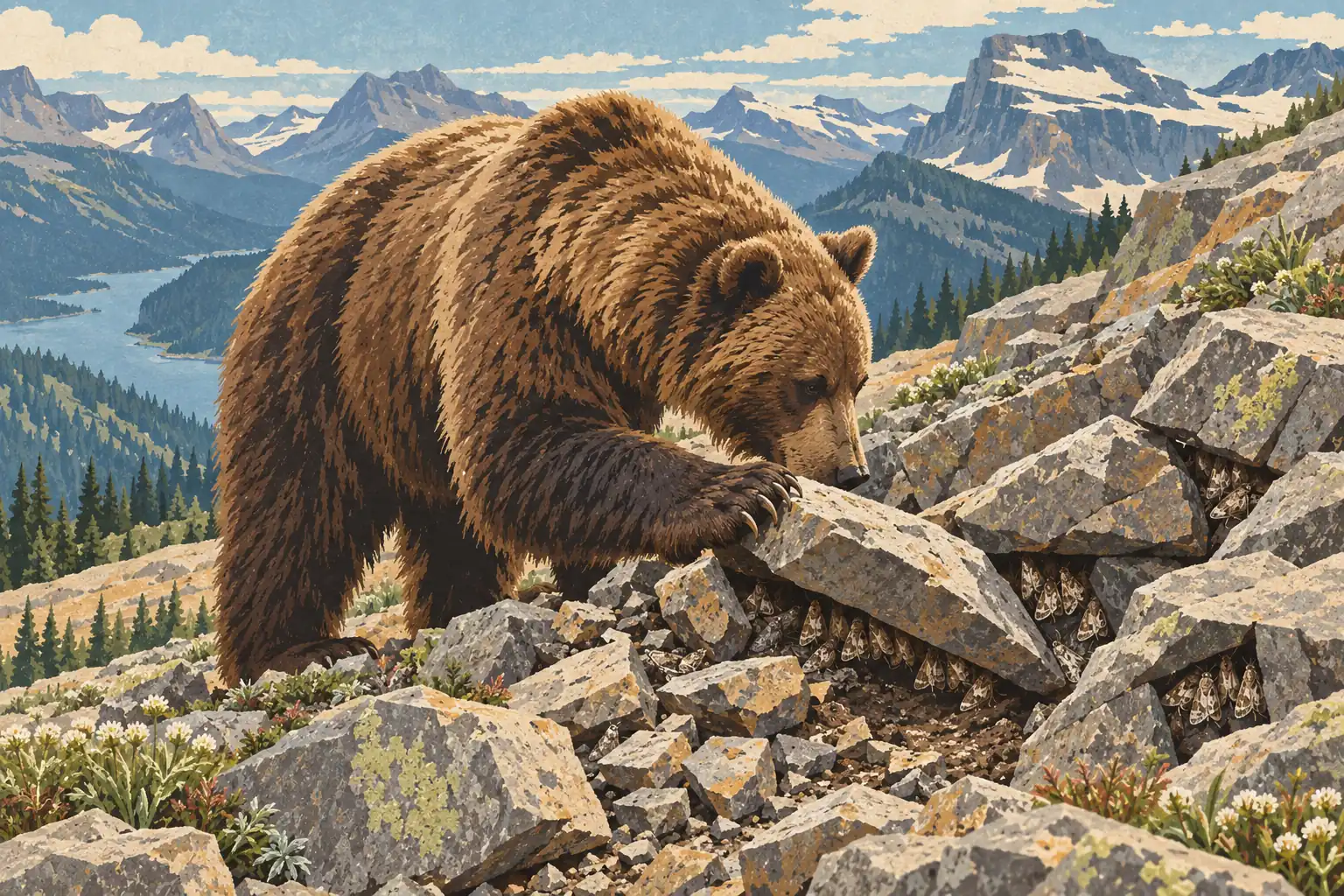 Un grizzli fouille parmi des rochers abritant des papillons de nuit, sur un versant fleuri dominant un lac et des montagnes