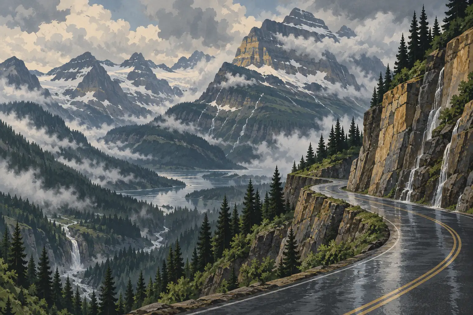 Route de montagne mouillée longeant falaises et cascades, face à un lac, des sapins et des sommets enneigés sous les nuages