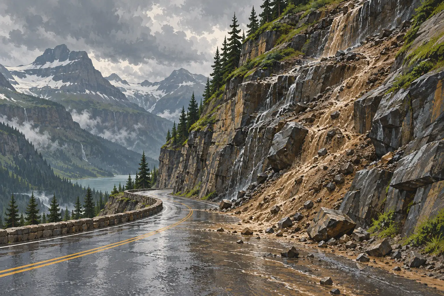 Route de montagne mouillée longeant un lac, couverte de boue et de rochers tombés d’une falaise