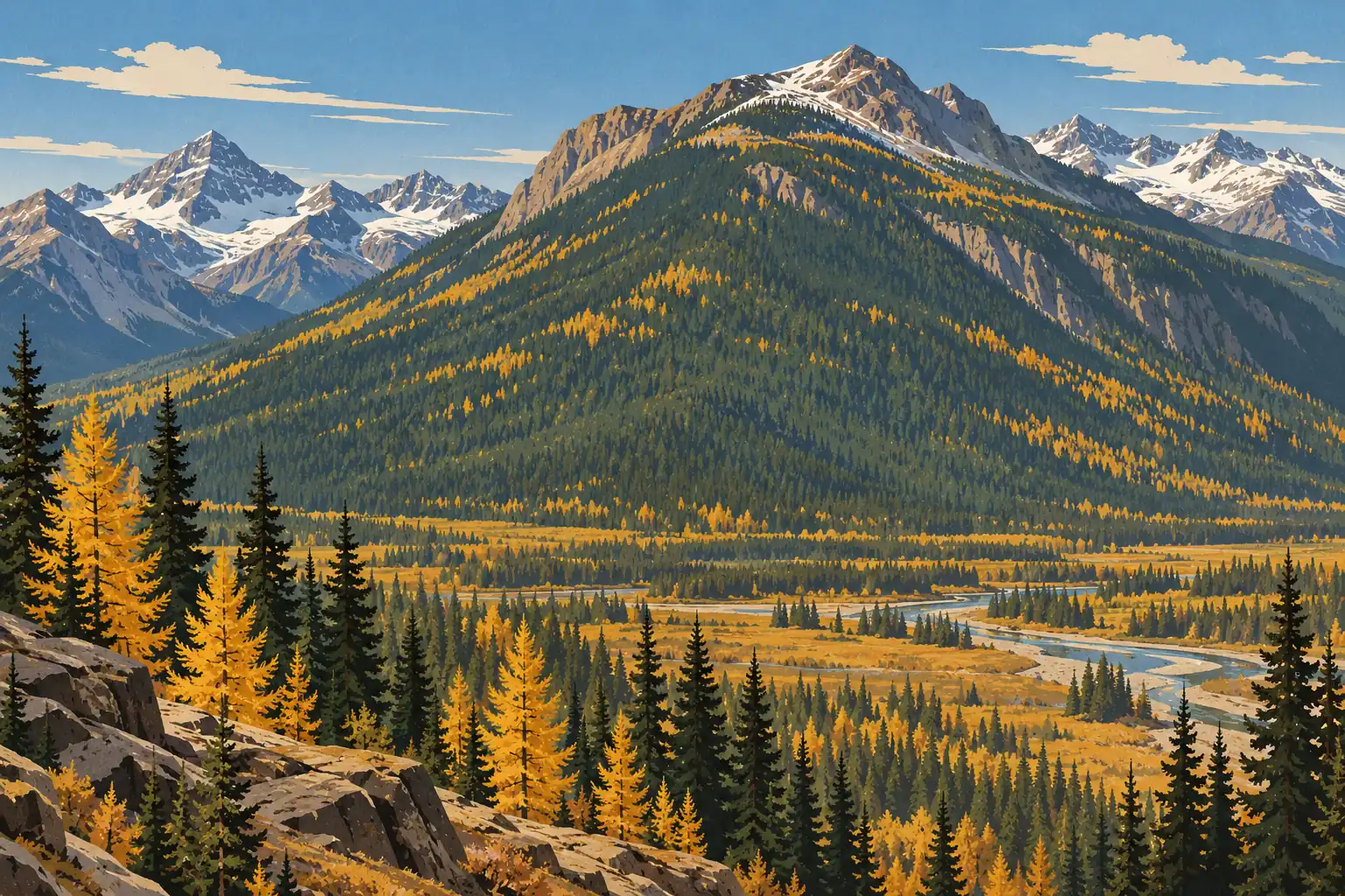 Vallée alpine traversée par une rivière sinueuse, entourée de conifères dorés et de hauts sommets enneigés