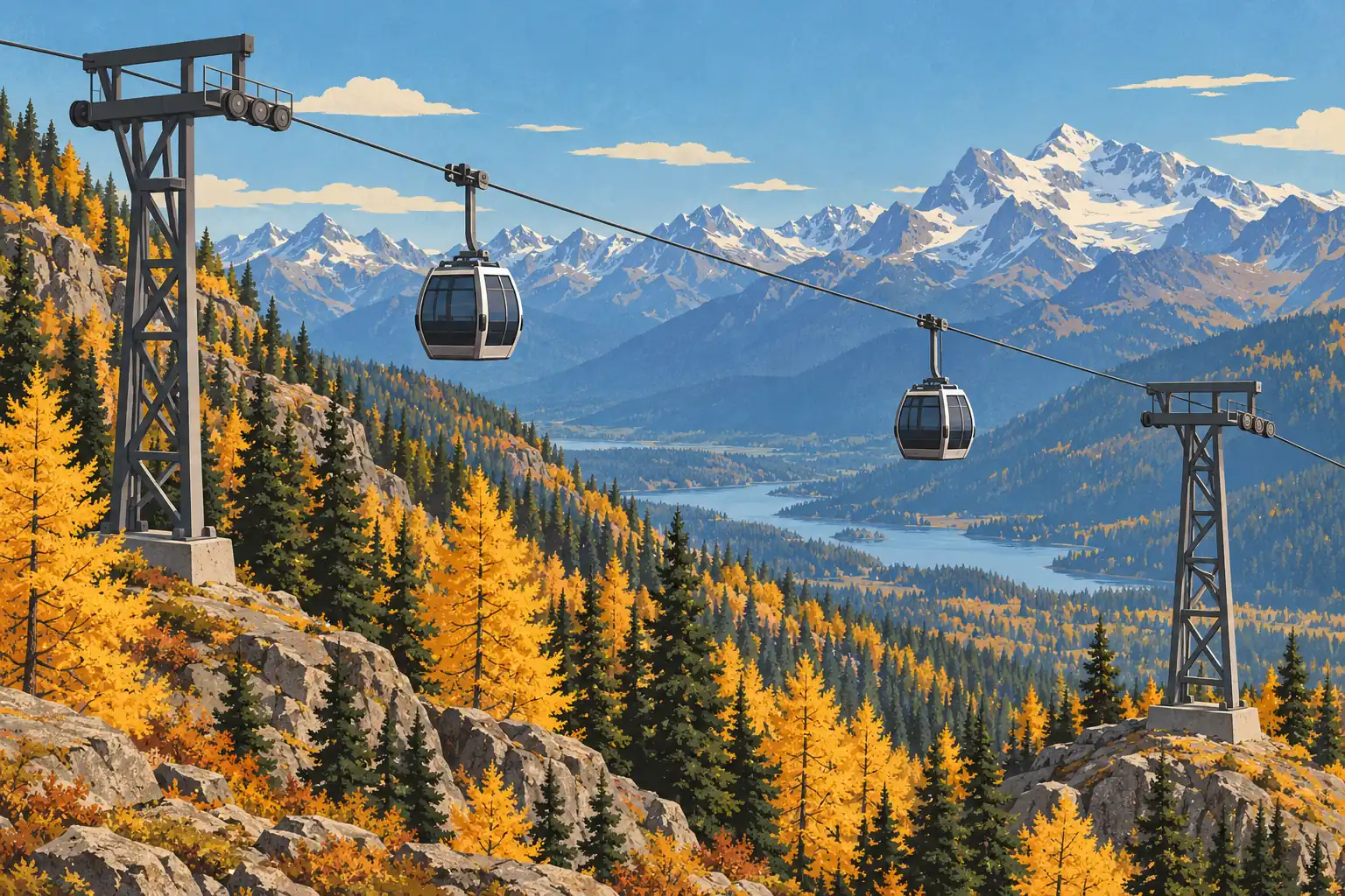 Deux cabines de téléphérique survolent une vallée boisée aux couleurs d’automne, face à des montagnes enneigées