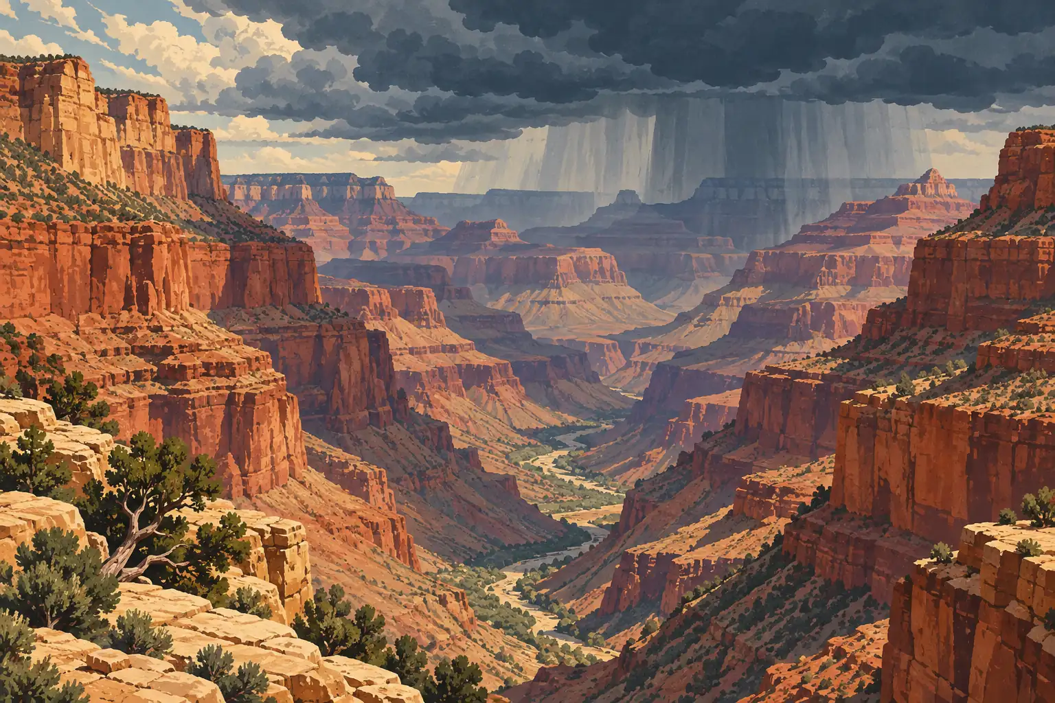 De hautes falaises rouges encadrent un canyon profond, sous de sombres nuages d’orage et un rideau de pluie au loin