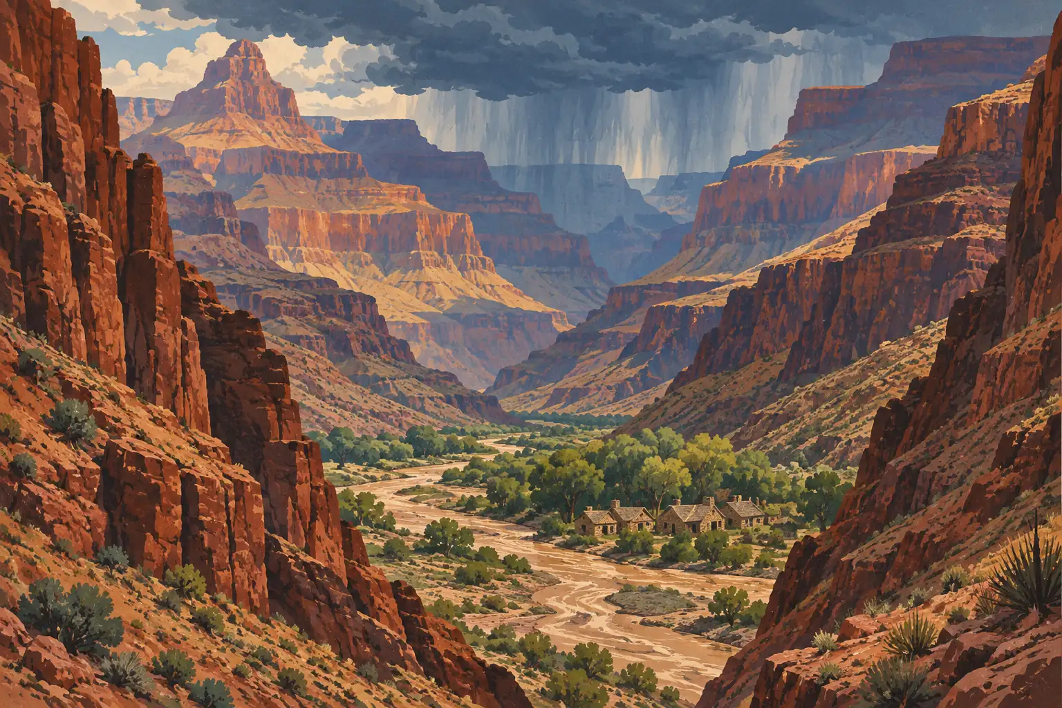 Vue sur le Grand Canyon sous un orage, avec des pluies au loin, une rivière boueuse et des bâtiments parmi les arbres