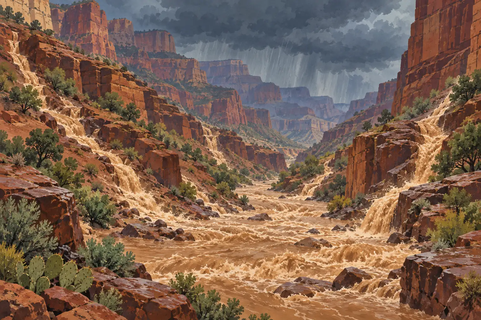 Crue boueuse dévalant un canyon rouge sous de sombres nuages d’orage, avec cascades et végétation désertique