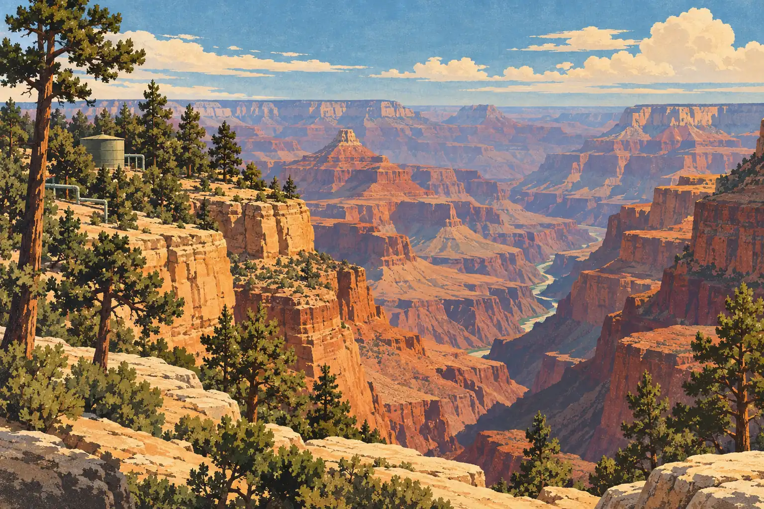Vue sur le Grand Canyon, avec le Colorado au fond, des falaises orangées, des pins et un réservoir d’eau sur la rive