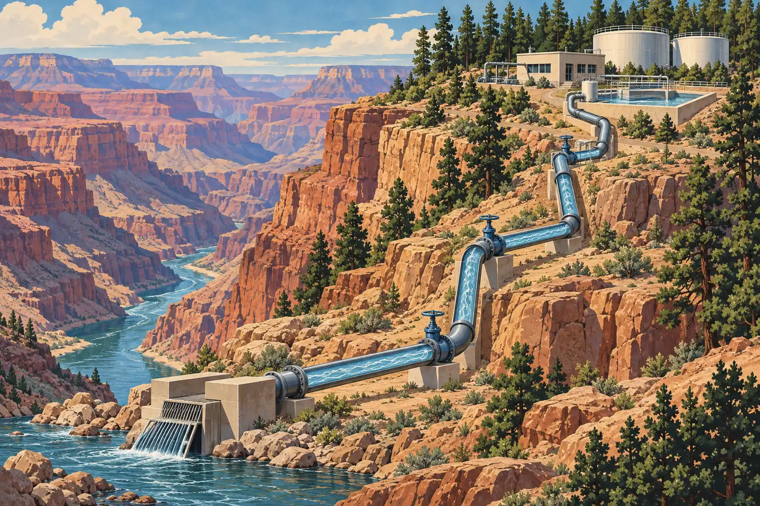 Une grande conduite d’eau longe les falaises du Grand Canyon entre le Colorado et des réservoirs en hauteur