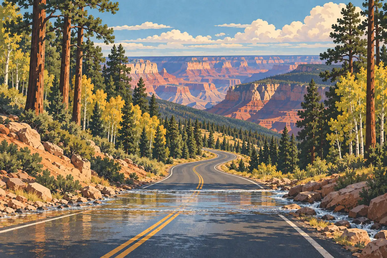 Route sinueuse traversée par un cours d’eau, bordée de pins et de bouleaux, avec le Grand Canyon à l’horizon